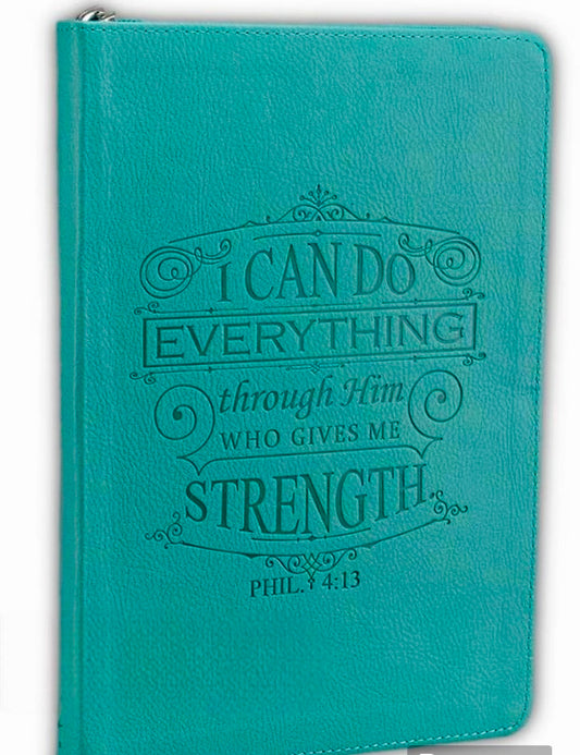 Zippered Luxleather Journal, I can do everything through Him, who gives me strength, turquoise