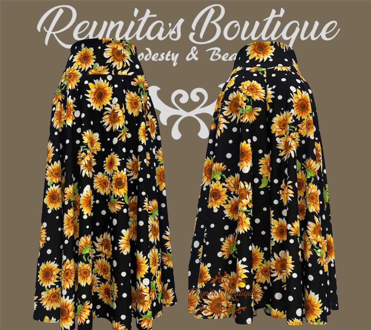 full black disco skirt with sunflowers