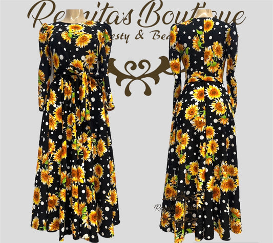 black dress with sunflowers