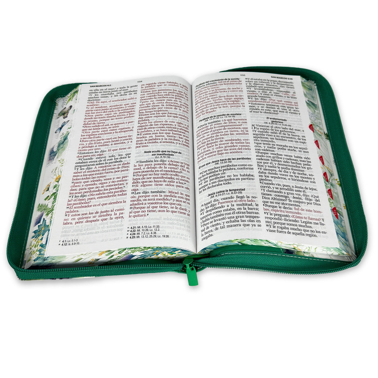 Biblia con Cierre Letra Grande 12 puntos RV1960 imit. piel floral mariposa verde con índice y canto floral