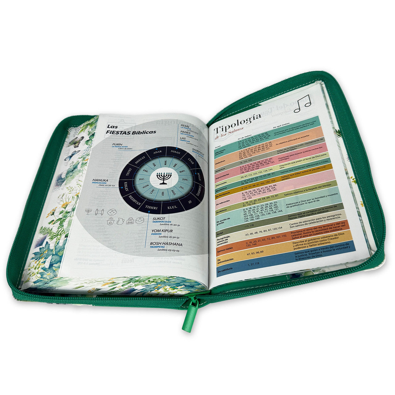 Biblia con Cierre Letra Grande 12 puntos RV1960 imit. piel floral mariposa verde con índice y canto floral