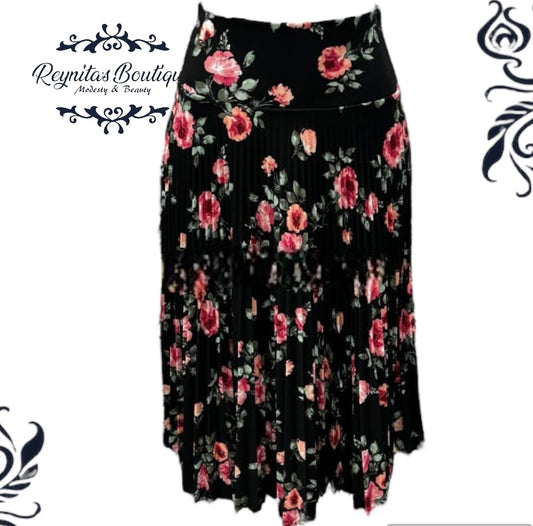 Dark/pink floral pleated skirt 3/4 half disc N/B