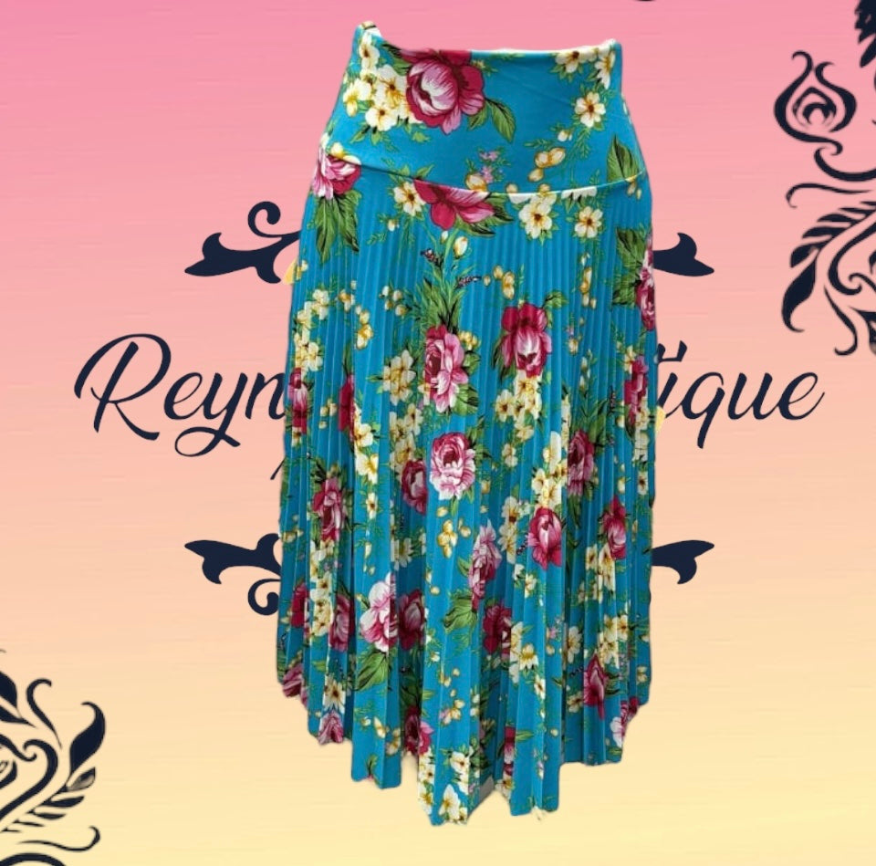 Turquoise floral pleated skirt 3/4 half disc N/B