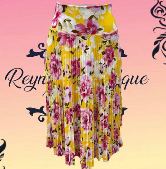 Yellow floral skirt pleated 3/4 half disc N/B