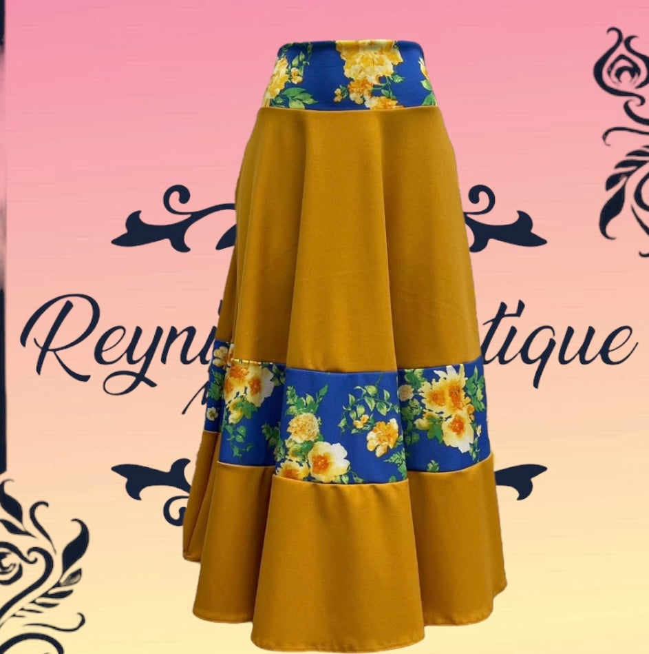 falda amarillo rayas azules floreada B