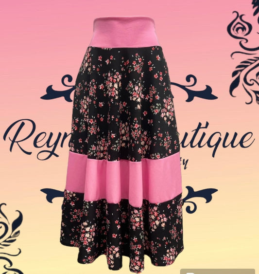 falda negro floreado rayas rosada B