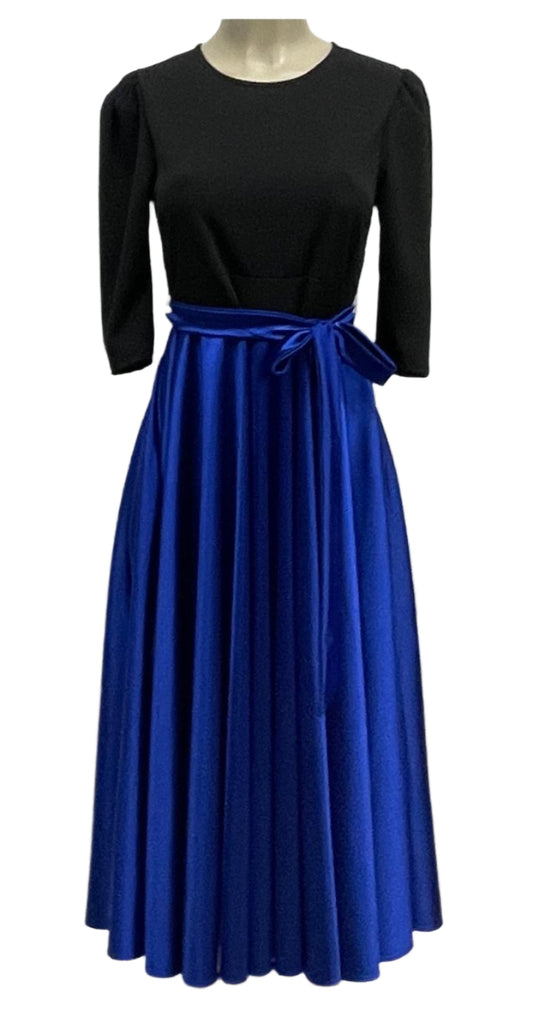 vestido tela satinada azul rey falda y blusa negro en tecno crepe