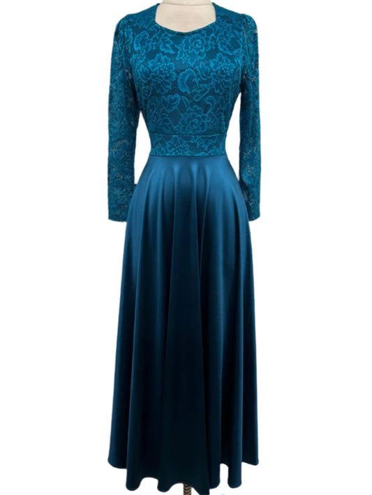 Long teal lace dress