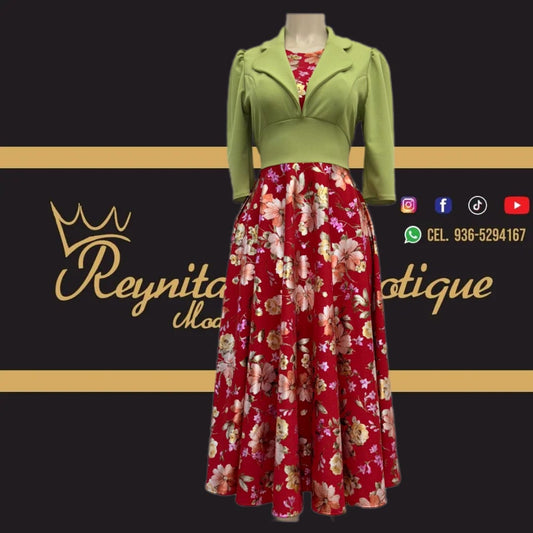 vestido Camila olivo con rojo