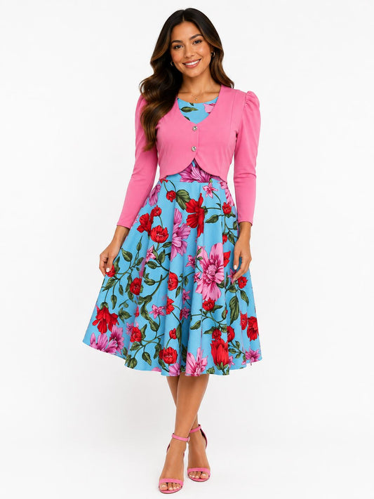 Vibrant Floral Midi Dress with Cropped Bolero Jacket
