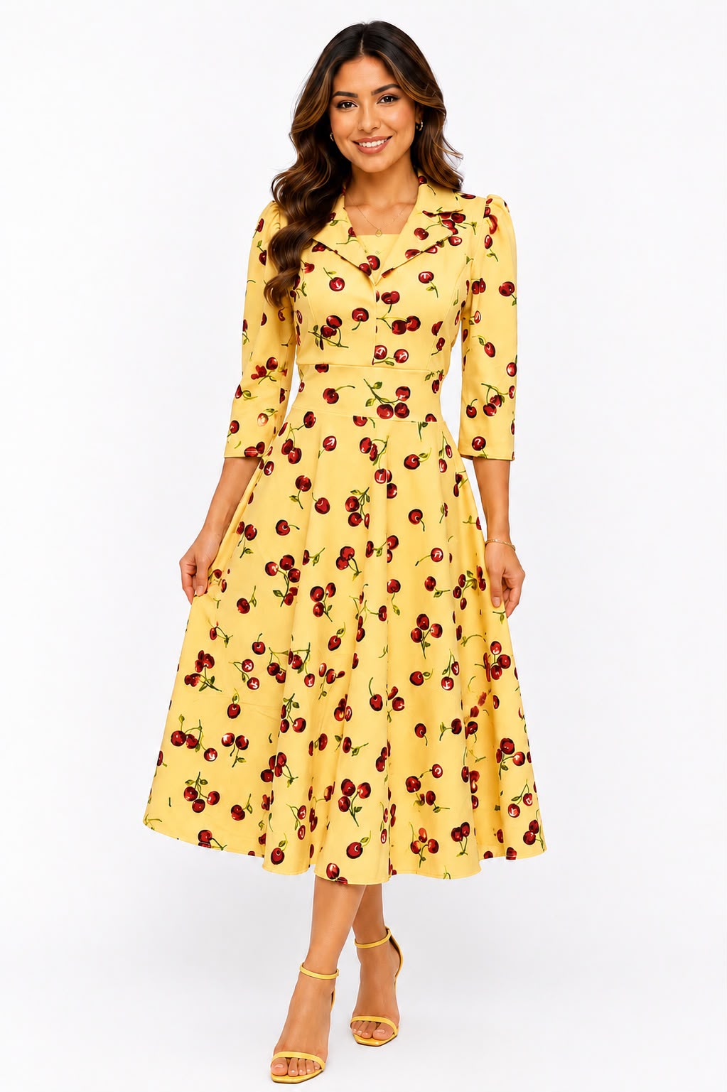 Vintage-Inspired Cherry Print Sleeve Midi Swing Dress