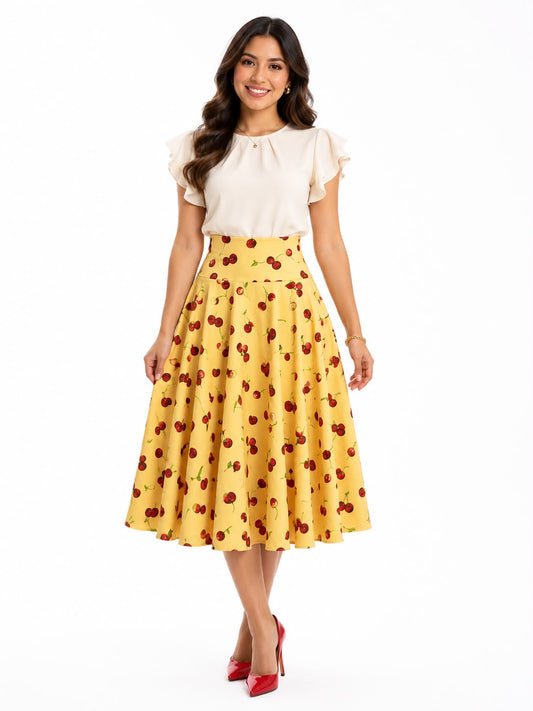 Vintage-Inspired High-Waisted Cherry Print Swing Midi Skirt