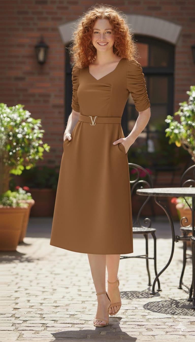 Elegant Ruched V-Buckle Midi Dress with Pockets