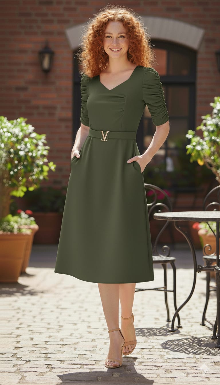 Elegant Ruched V-Buckle Midi Dress with Pockets
