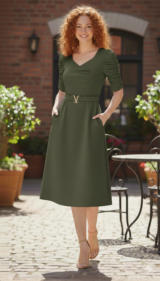 Elegant Ruched V-Buckle Midi Dress with Pockets