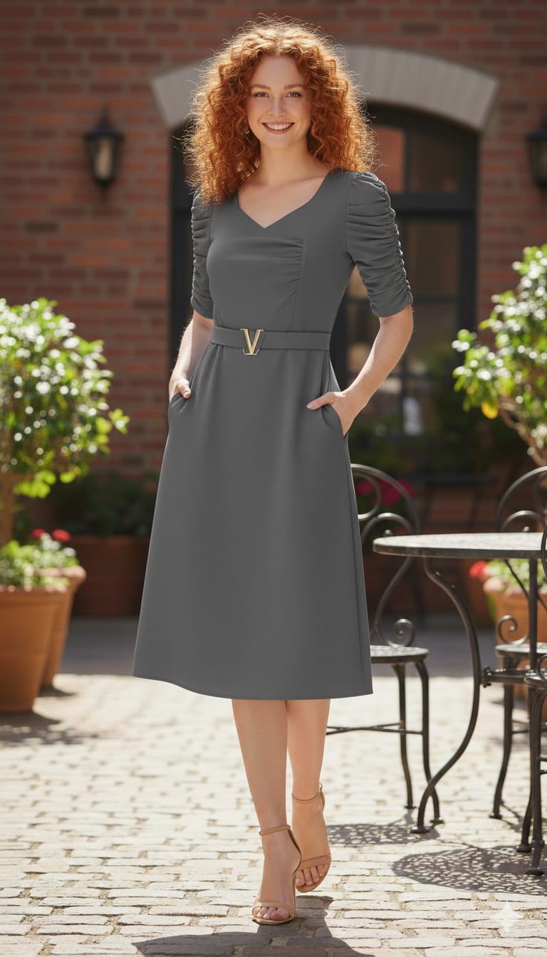 Elegant Ruched V-Buckle Midi Dress with Pockets