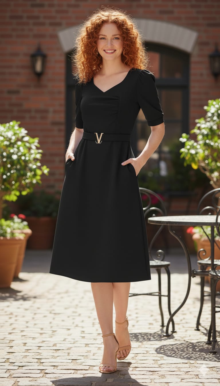 Elegant Ruched V-Buckle Midi Dress with Pockets