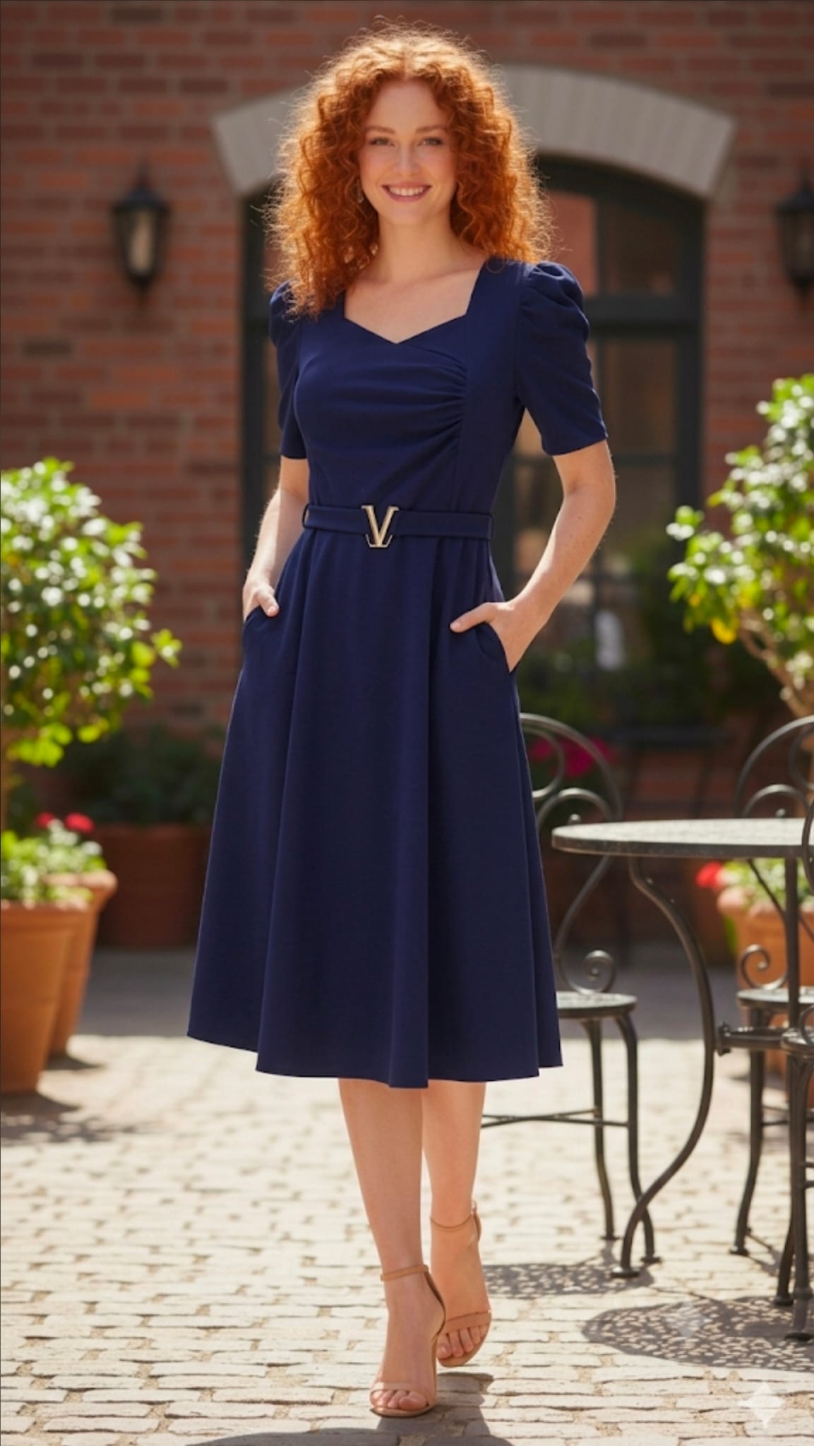 Elegant Ruched V-Buckle Midi Dress with Pockets