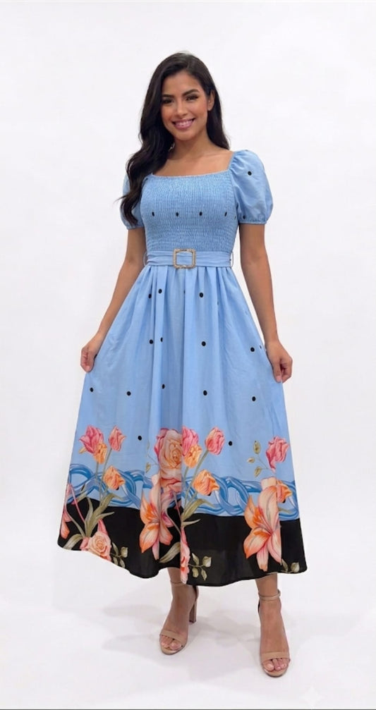 Smocked Floral Border Print Midi Dress