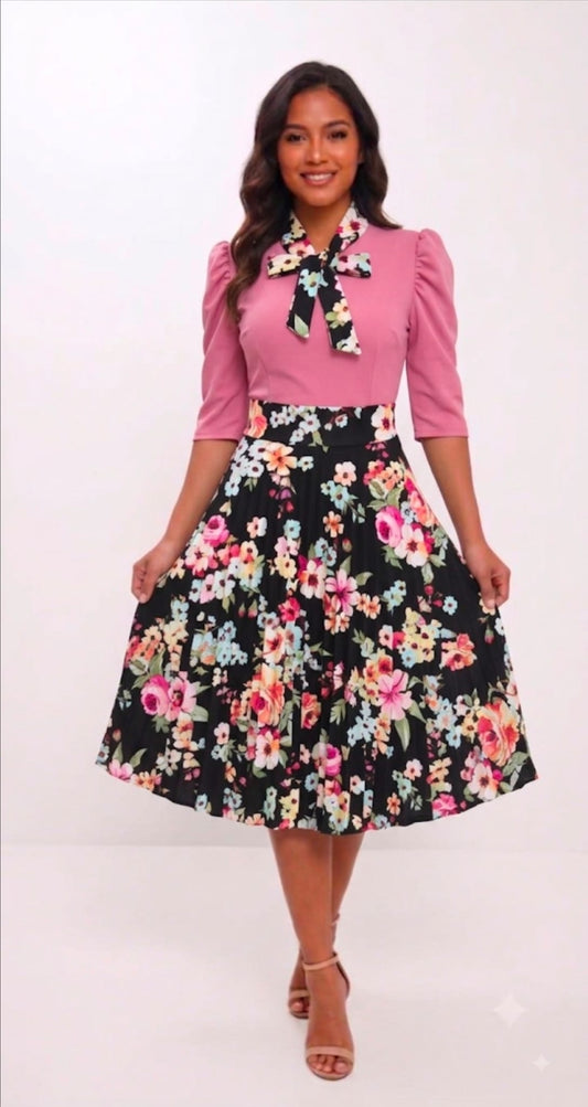 Vintage Floral Neck-Tie Pleated Midi Dress