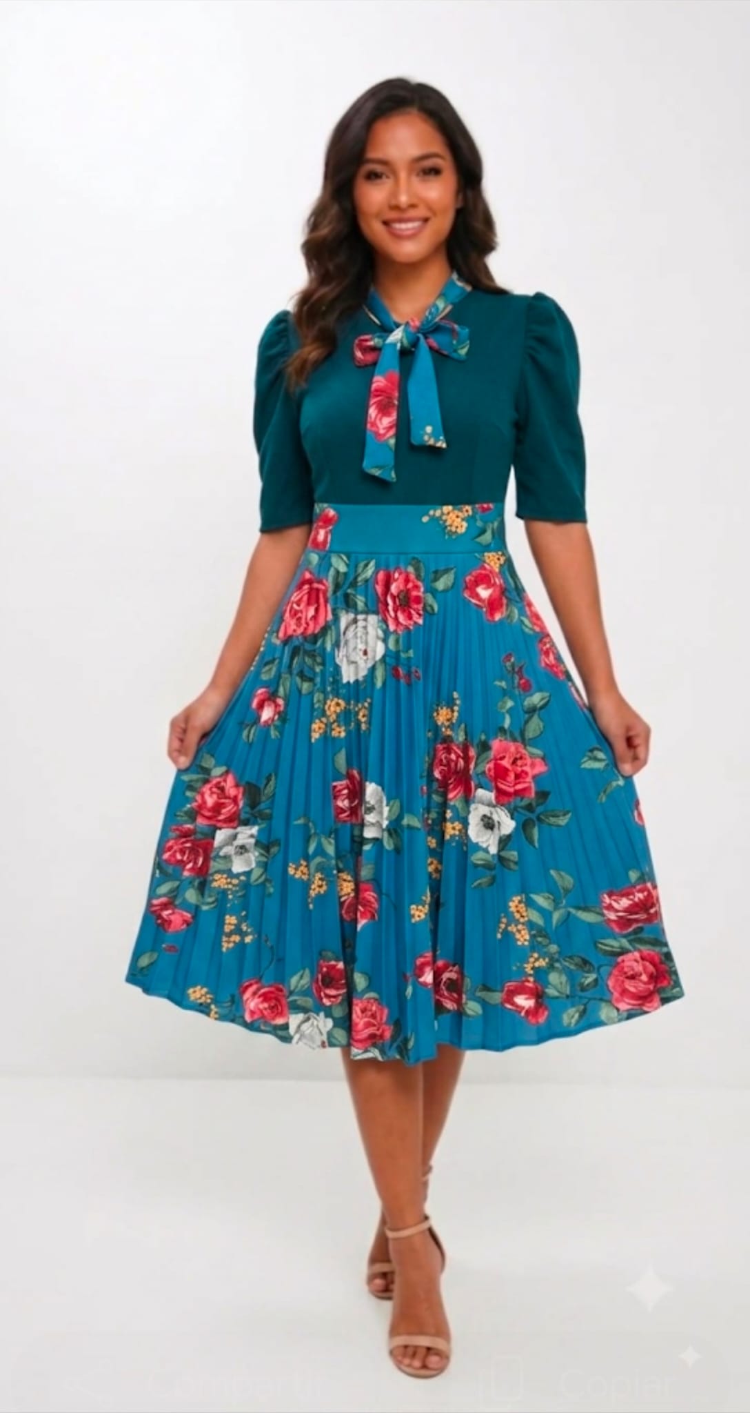 Vintage Floral Neck-Tie Pleated Midi Dress