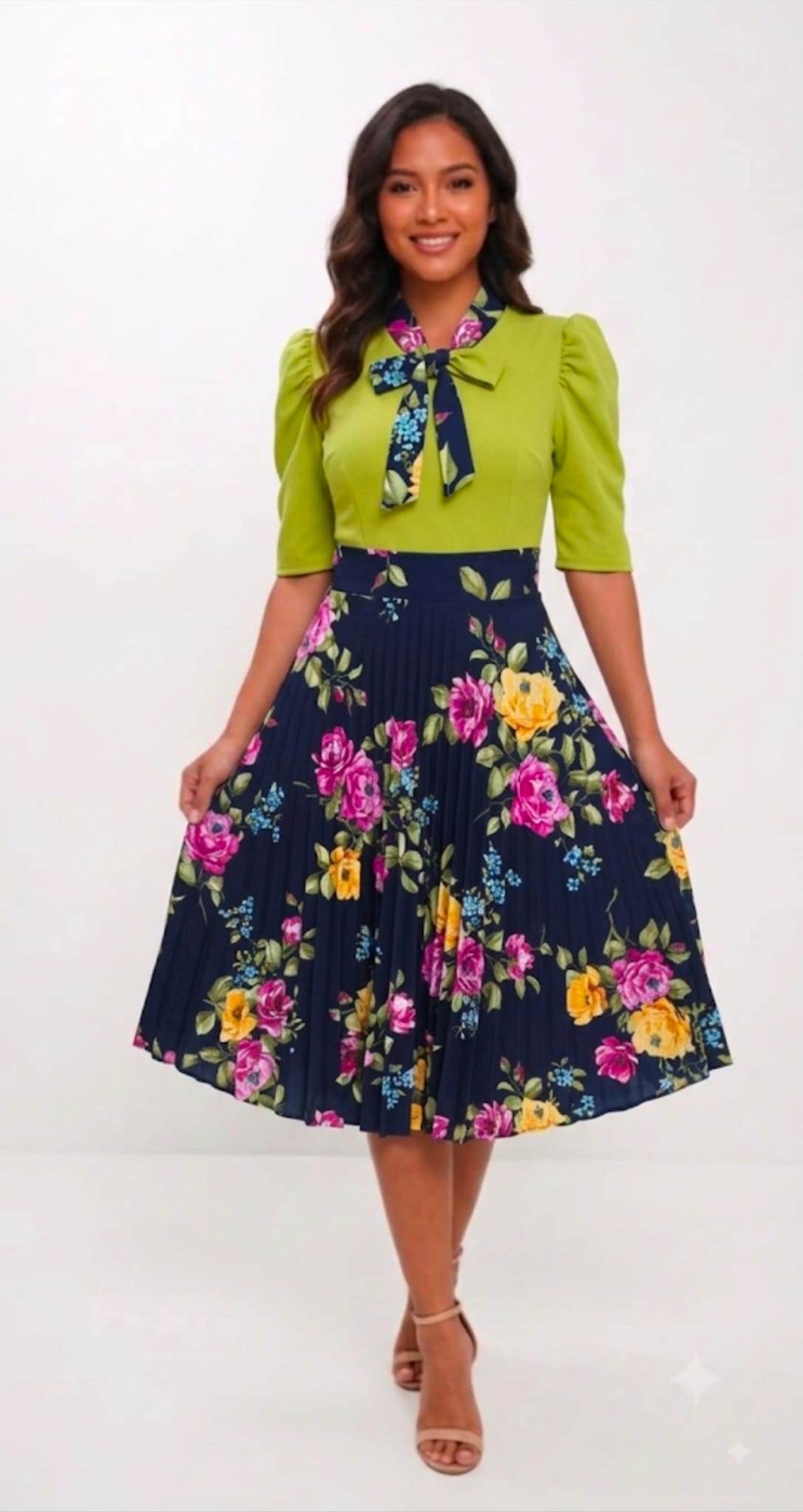 Vintage Floral Neck-Tie Pleated Midi Dress