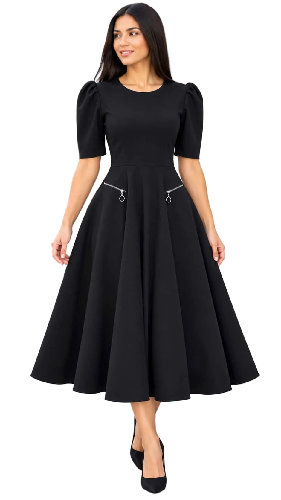 Elegant Puff Sleeve with Zip Pockets