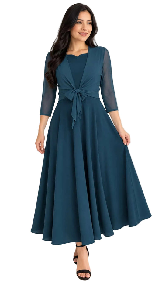 Elegant Dress with Sheer 3/4 Sleeves Vest