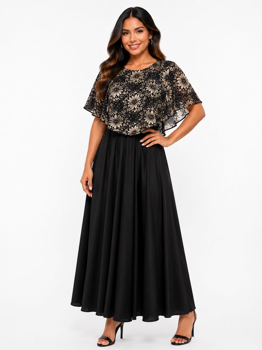 Long Chiffon Gala Dress with Lace Cape