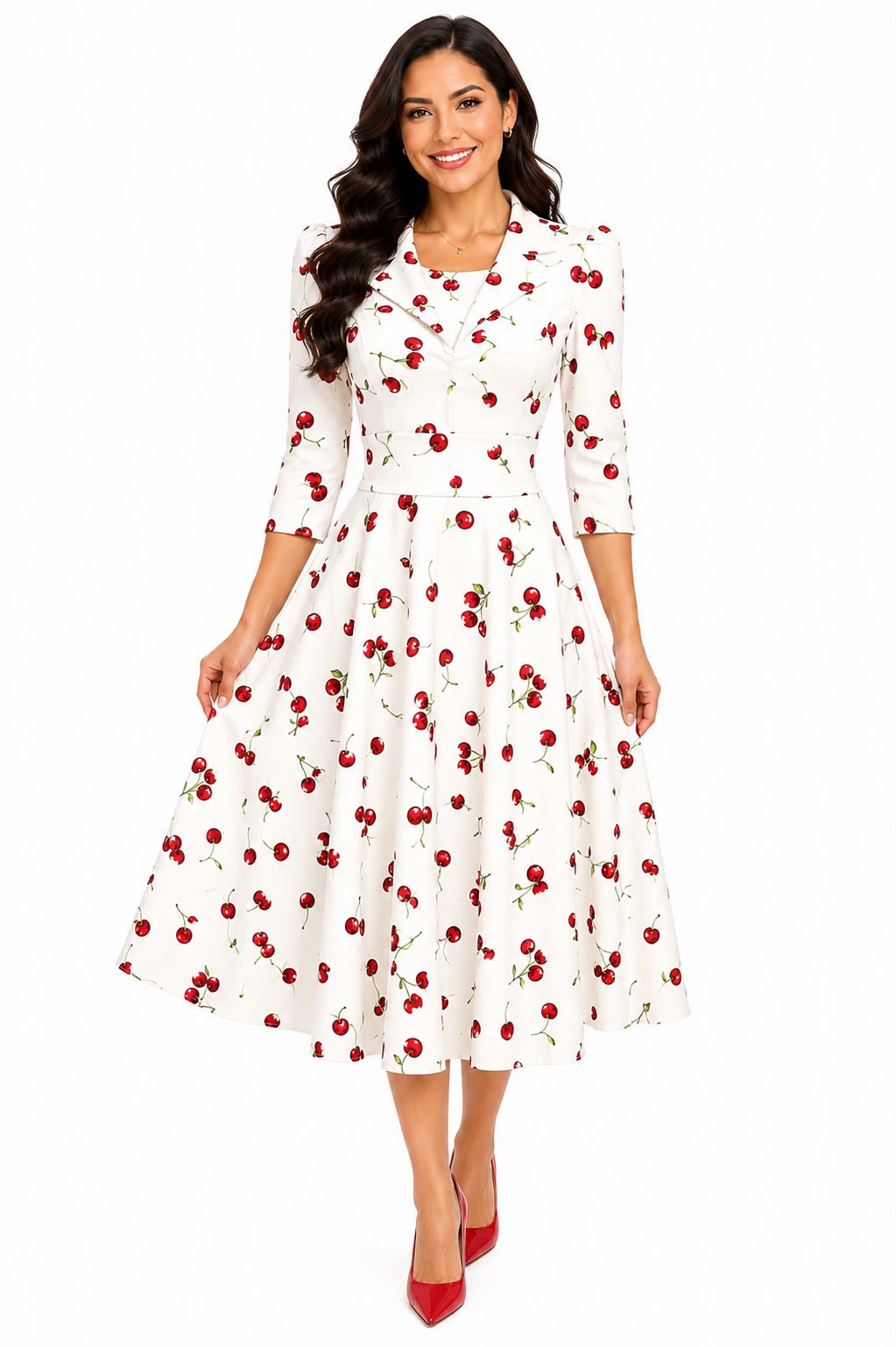 Vintage-Inspired Cherry Print Sleeve Midi Swing Dress