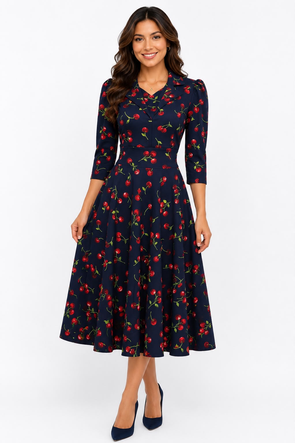 Vintage-Inspired Cherry Print Sleeve Midi Swing Dress