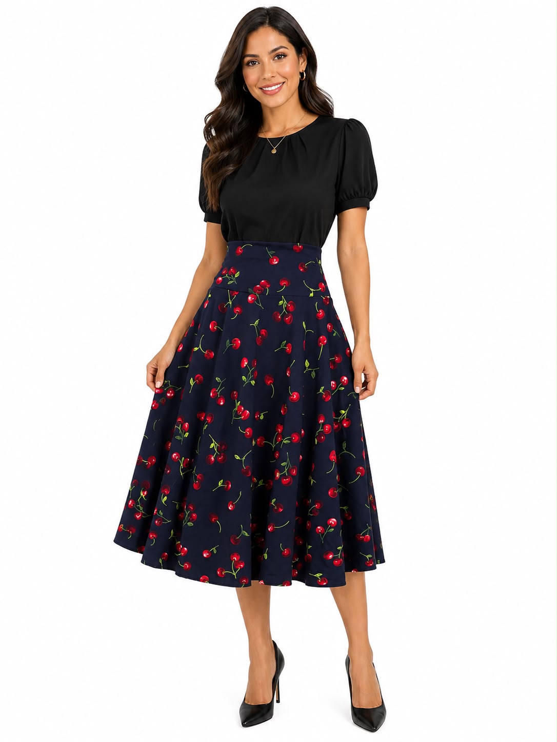 Vintage-Inspired High-Waisted Cherry Print Swing Midi Skirt