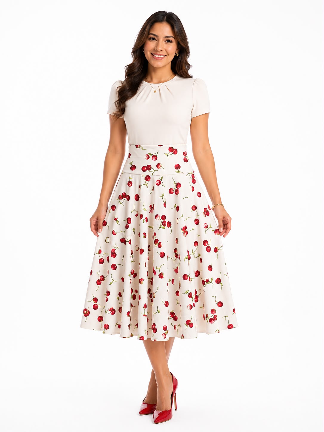 Vintage-Inspired High-Waisted Cherry Print Swing Midi Skirt