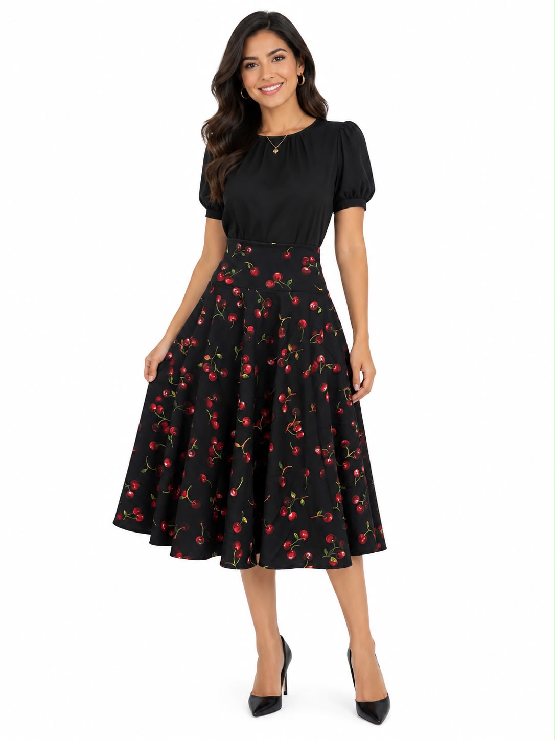 Vintage-Inspired High-Waisted Cherry Print Swing Midi Skirt