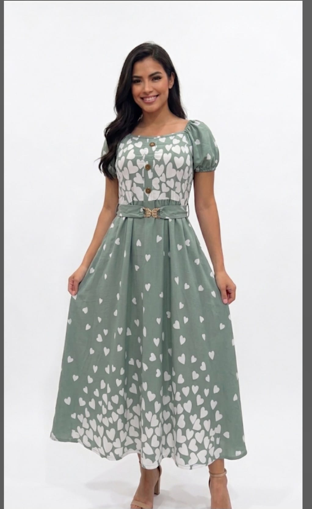 Heart Print Belted Midi Dress