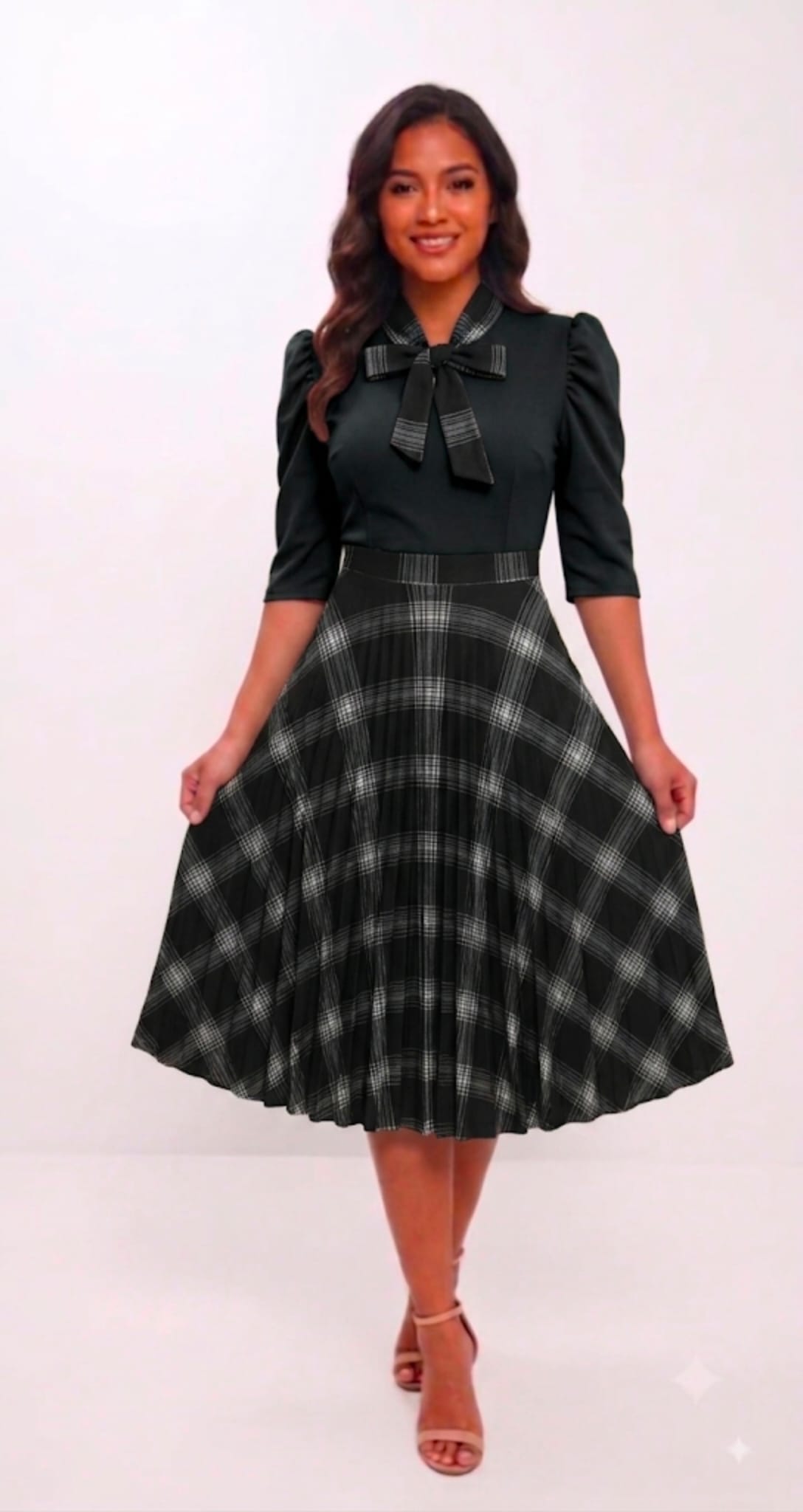 Vintage Floral Neck-Tie Pleated Midi Dress