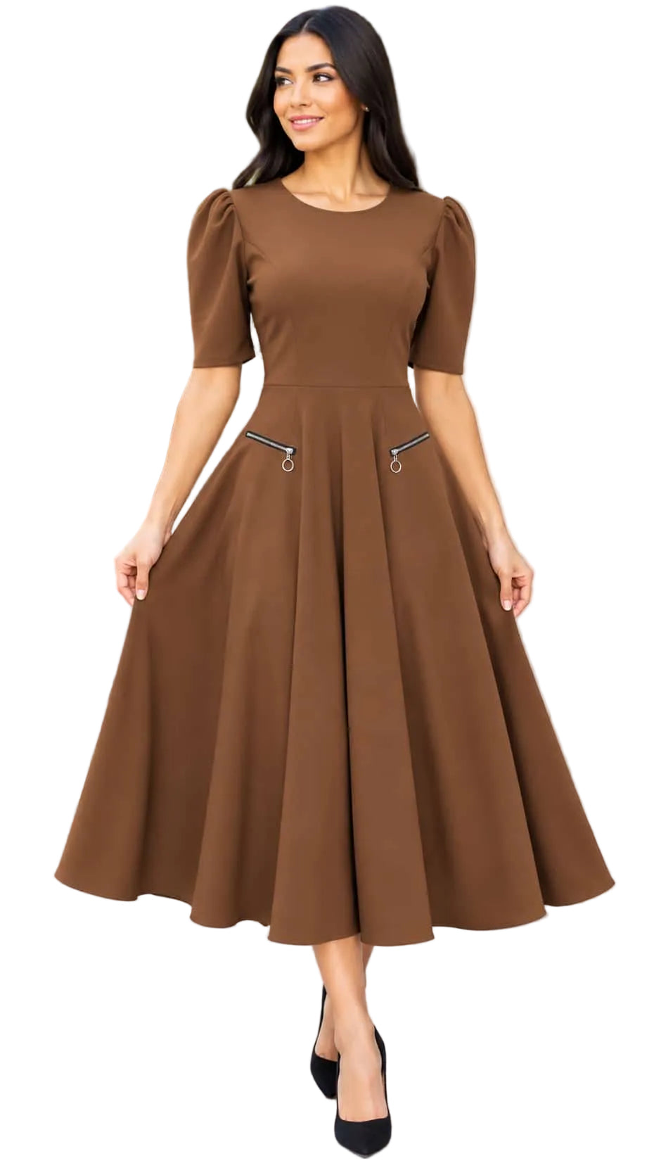 Elegant Puff Sleeve with Zip Pockets