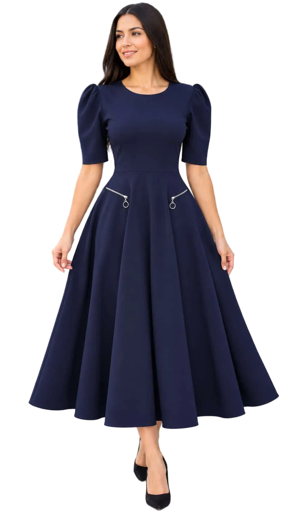 Elegant Puff Sleeve with Zip Pockets