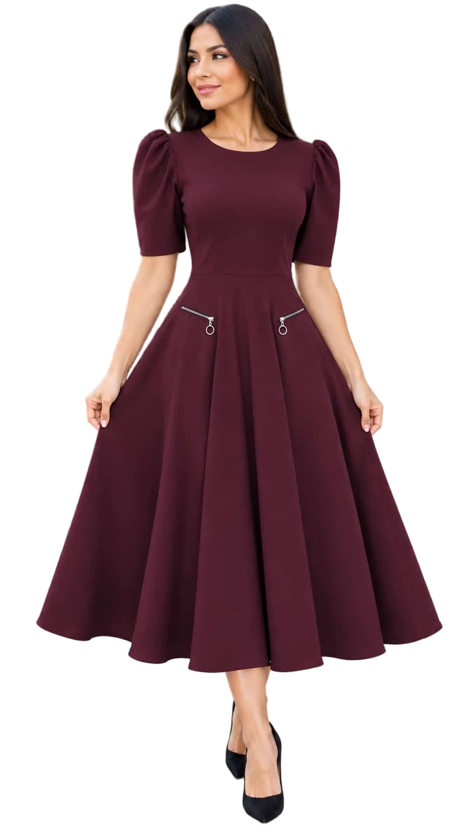 Elegant Puff Sleeve with Zip Pockets
