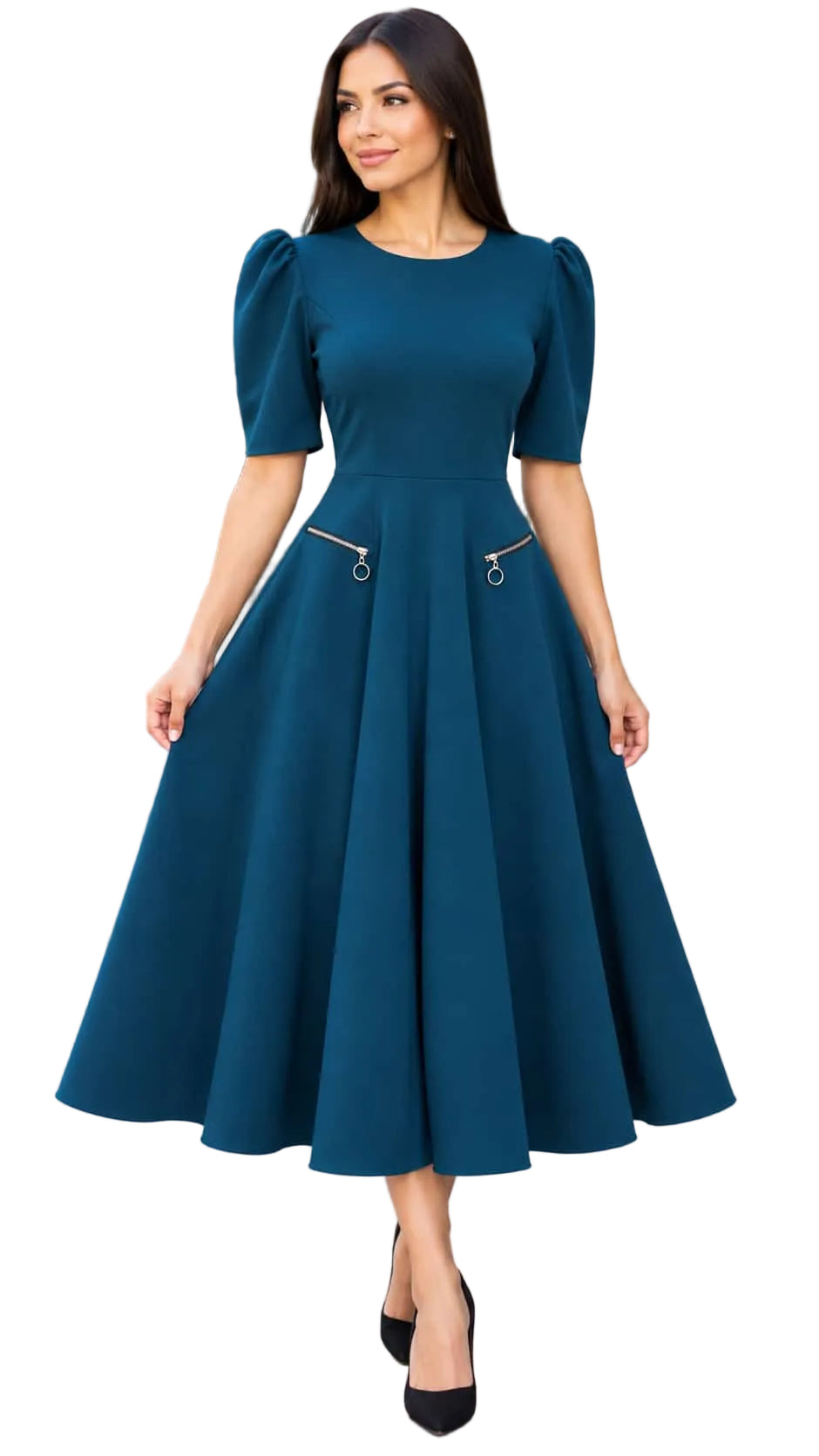 Elegant Puff Sleeve with Zip Pockets