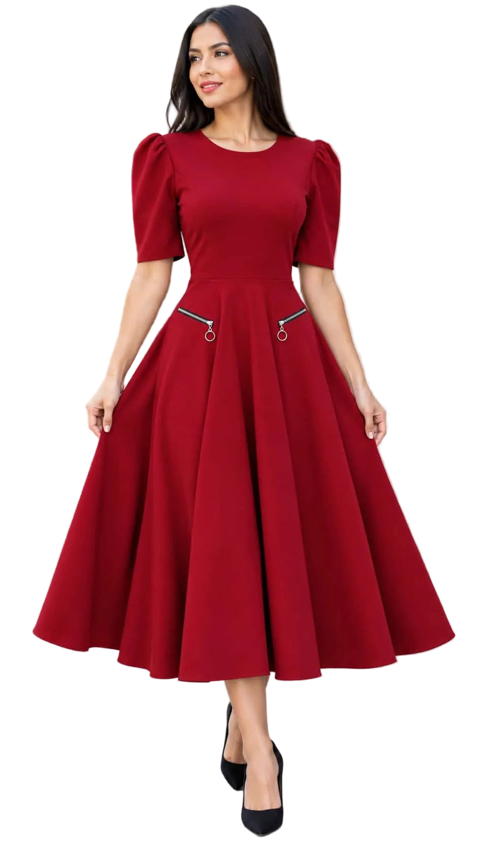 Elegant Puff Sleeve with Zip Pockets