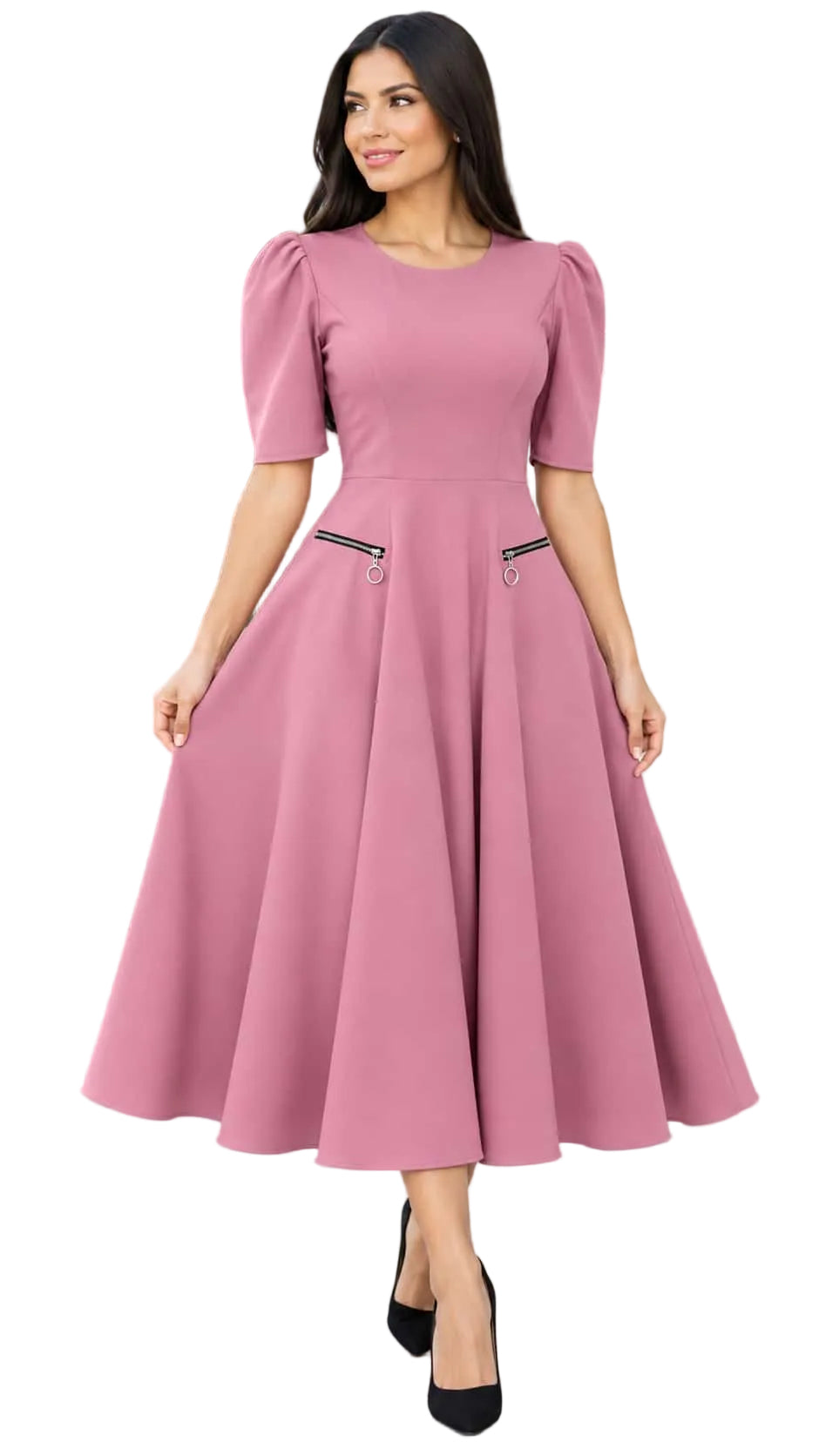 Elegant Puff Sleeve with Zip Pockets