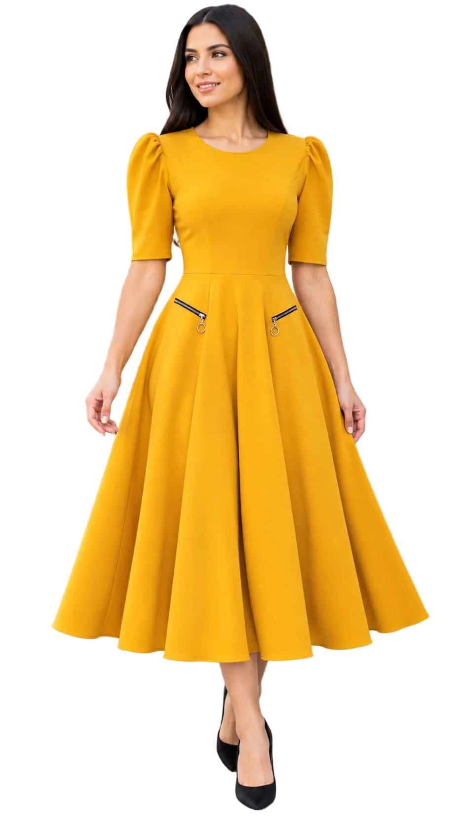 Elegant Puff Sleeve with Zip Pockets