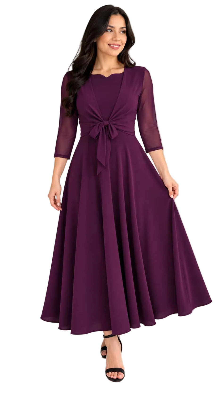 Elegant Dress with Sheer 3/4 Sleeves Vest