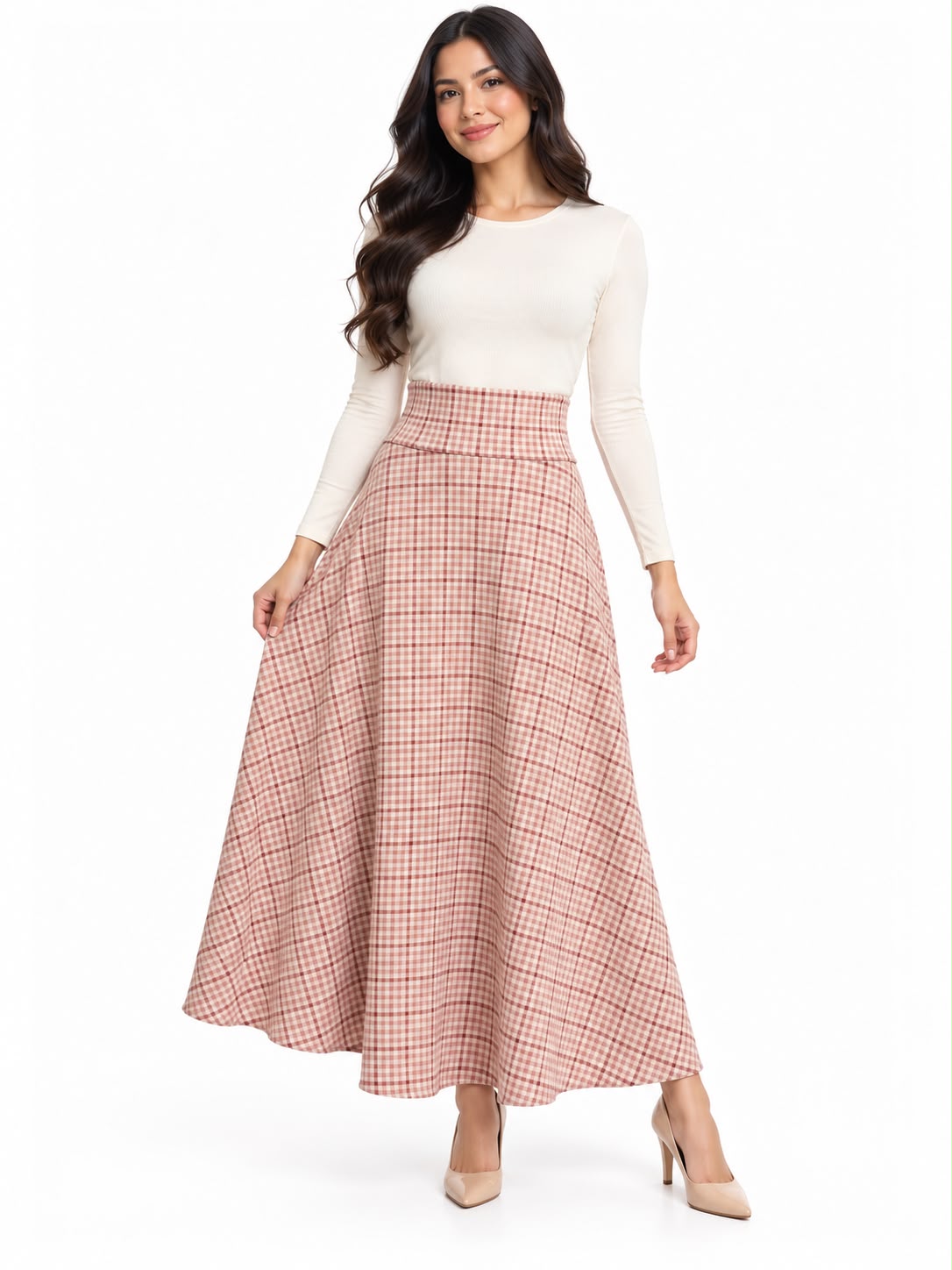 Classic High-Waisted Checkered Maxi Skirt