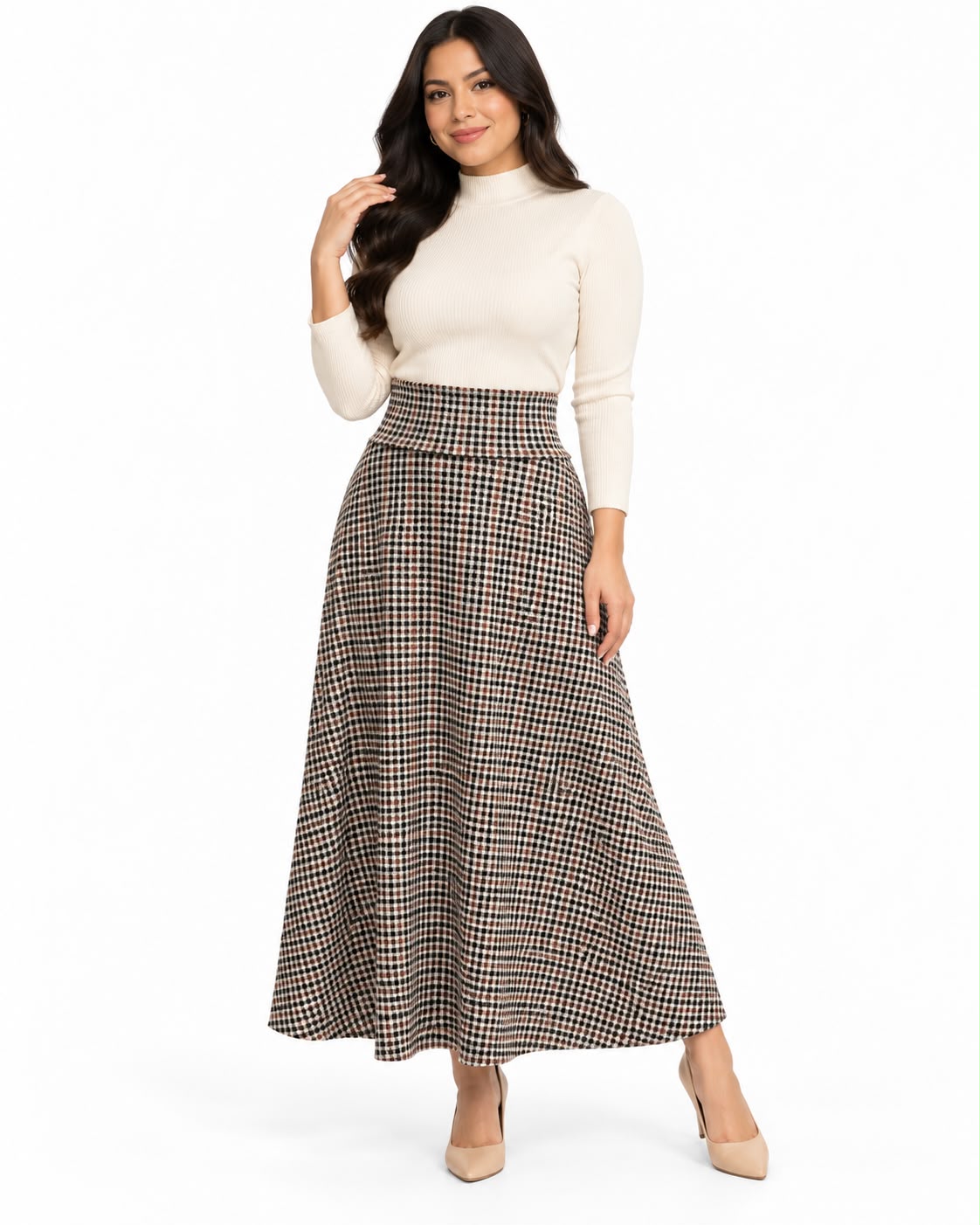 Classic High-Waisted Checkered Maxi Skirt