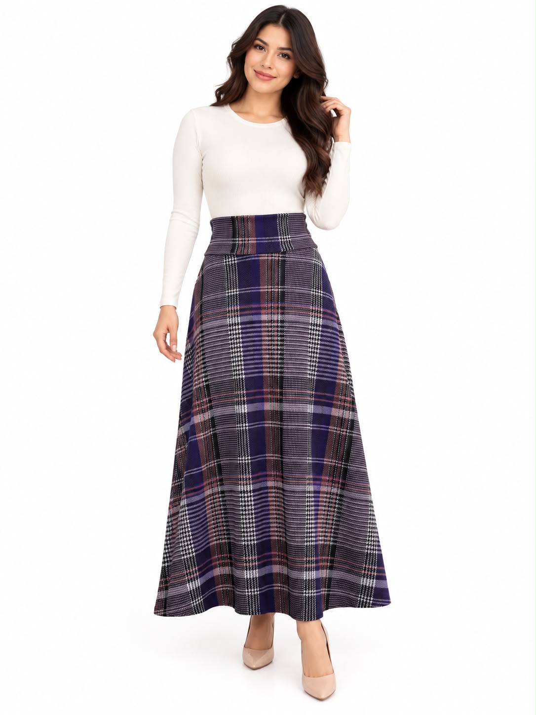 Classic High-Waisted Plaid Maxi Skirt