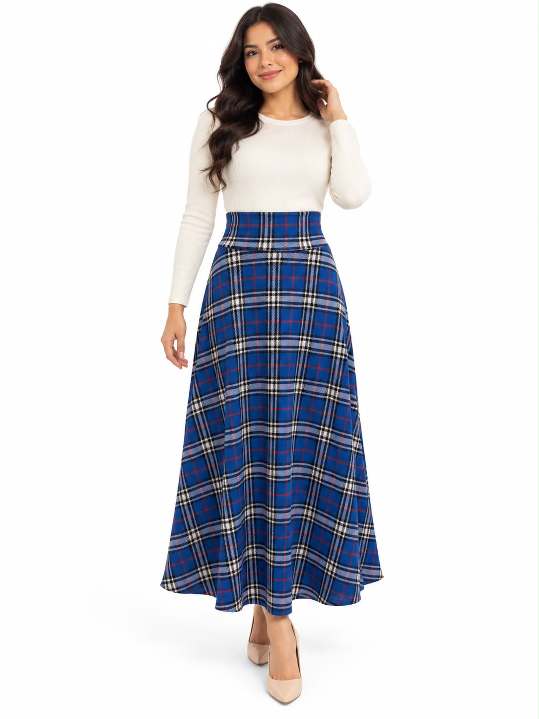 Classic High-Waisted Plaid Maxi Skirt