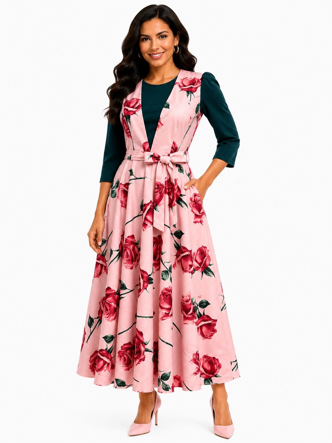 Vestido Midi con Estampado Floreado y Cinturón
