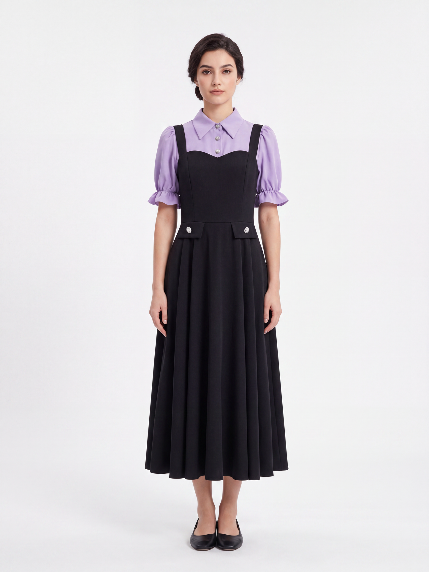 Vestido Midi de Mangas Abullonadas